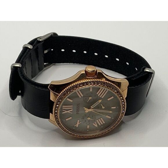 Fossil AM4616 Women's Black Leather Analog Beige Dial Genuine Wrist Watch RU239 - Picture 7 of 11